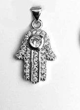 925 Sterling Silver Cubic Zirconia Small 3D Hamsa Hand Pendant