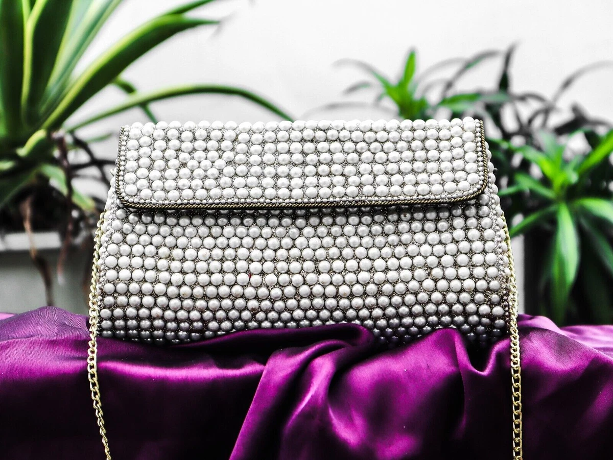 White Beaded Pearls Handcrafted Stone Metal Clutch Sling Party Wear Hand Bags