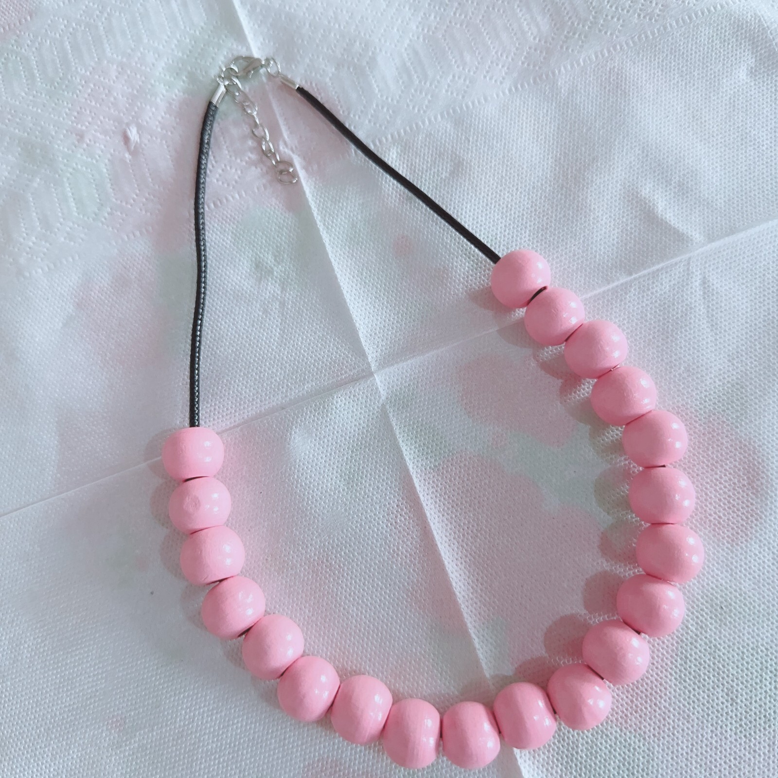 Women Pale Pink Round Wood Beads Leather Cord Necklace Costume