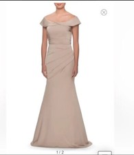 La Femme Off the Shoulder Satin Evening Gown in Champagne Size 10