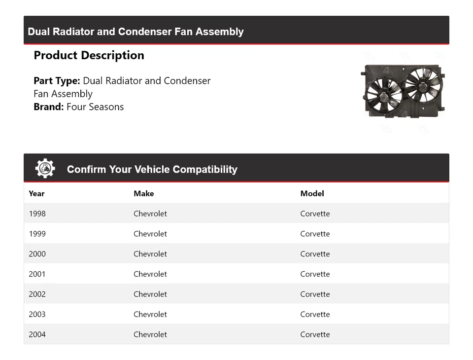 For 1998-2004 Chevrolet Corvette Dual Radiator Condenser Fan Assy 4 Season - Image 2 of 4