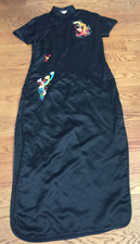 VINTAGE YI FANG CHEONGSAM DRESS SIZE 44 M 38x56 EMBROIDERED DRAGON BLACK SATIN