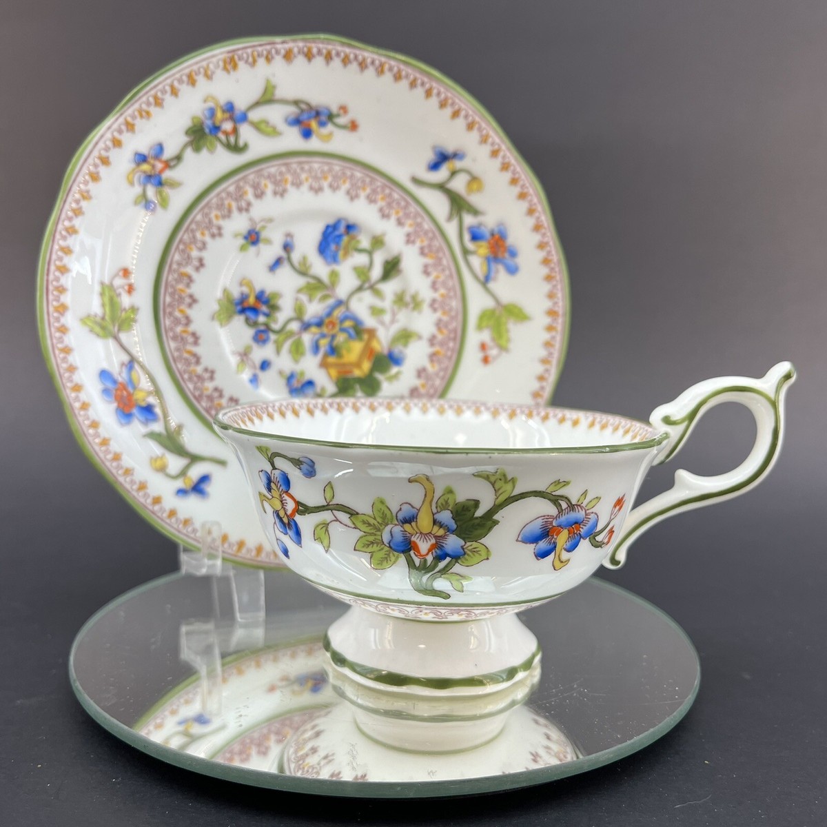 Vintage Coalport Green Asian Flower Pot Bone China Teacup & Saucer