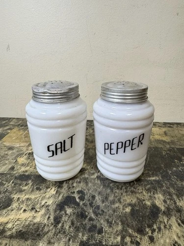 Hazel Atlas Milk Glass Beehive Salt & Pepper Range Shakers W/ Black Script Vtg