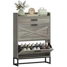 Narrow Shoe Storage Cabinet 12 Pairs Farmhouse Organizer with 2 Flip Drawers