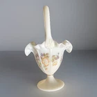 Fenton Rose Satin White Handpainted Basket Signed Ruffled Textured Handle