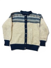 Nordic Wool Cardigan Blue White Fair Isle Heart Dots Pattern Women's M Vintage