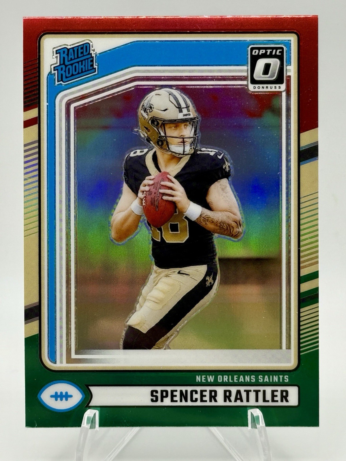2024 Donruss Rated Rookie Spencer Rattler Optic Preview Red & Green Prizm (RC)