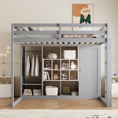 Full Size Wood Loft Bed with Wardrobe, Storage Shelves and Cabinet, Gray+Pink