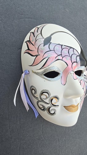 Vintage Venetian Carnival Mask Hand Painted Pink Glitter Ribbons Wall Decor Art - Picture 3 of 5