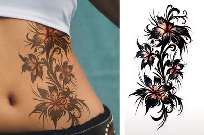 Abstract Floral Black Red Line Art Temporary Tattoo Fake Tattoos Gothic Flowers