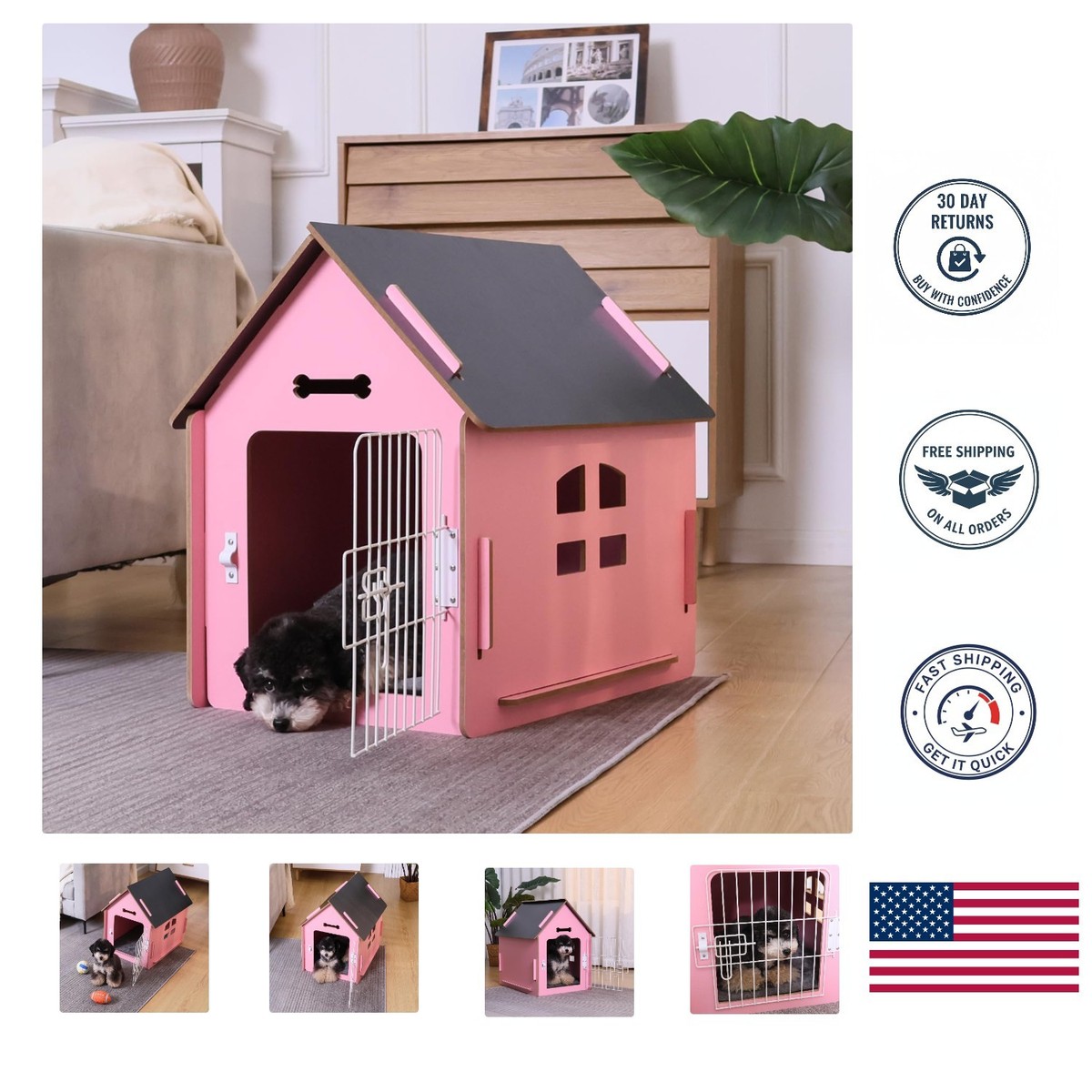 Charming Retro Wooden Dog House with Air Vents for Small Pets