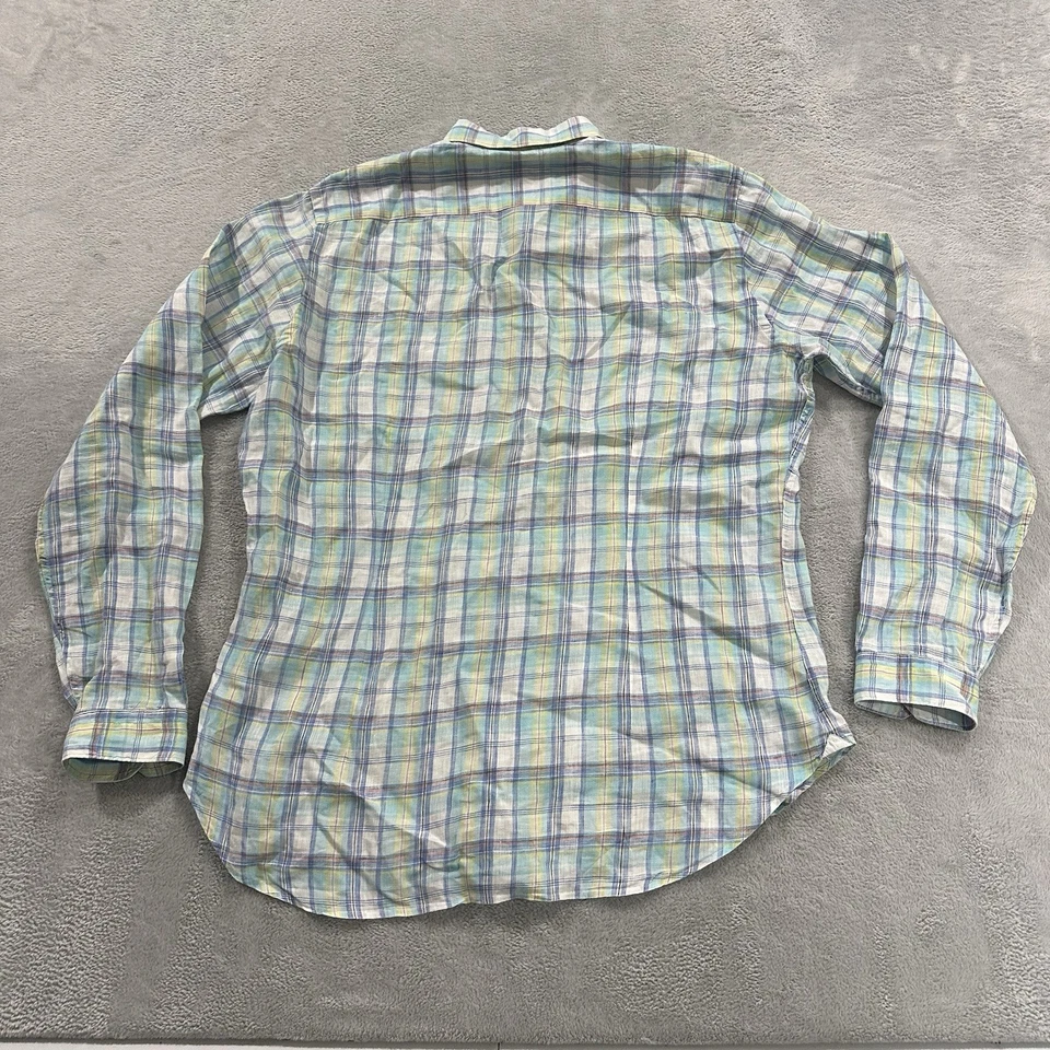 Mastai Ferretti 100% Linen Shirt Men's Large Plaid Flannel Pastel Button Blue - Image 3 of 4