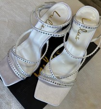 Lulus Ralstonn Size 10 White Ankle Strap Heels With Rhinestones Satin Toe NIB