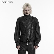 Punk Rave Men Black Goth Asymmetric Striped Leather Vest Lace Up Side Waistcoat