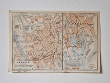 BAEDEKER 1927 Antique City Plan of Cardiff with Penarth