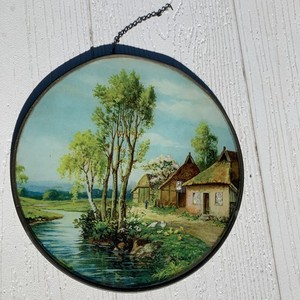 Vintage Copper Framed Round Wall Art with Cottage Landscape Design