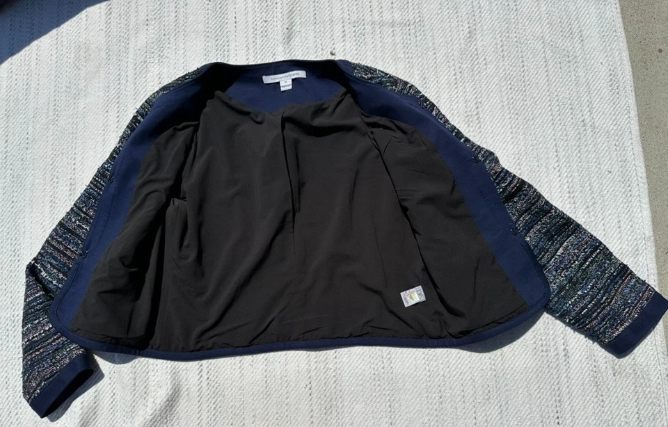 Diane von Furstenberg Jacket Size 10 Blazer Blue Tweed Trim Lined Hook Eye - Изображение 4 из 4