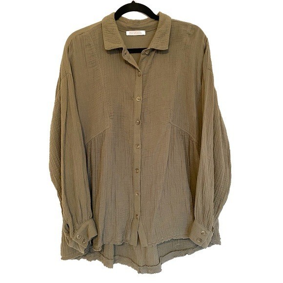 CES FEMME 100% Cotton Gauze Button-Down Tunic Shirt Size Large Green Long Sleeve