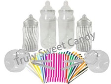 6 Retro Plastic Sweet Jars 50 Bags 2 Tongs Cute Candy Buffet Small Wedding