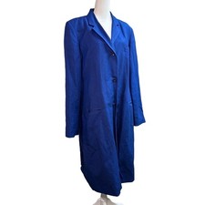 Vintage Blue Linen Harve Benard Long Trench Coat Jacket 80s 90s Shoulder Pads