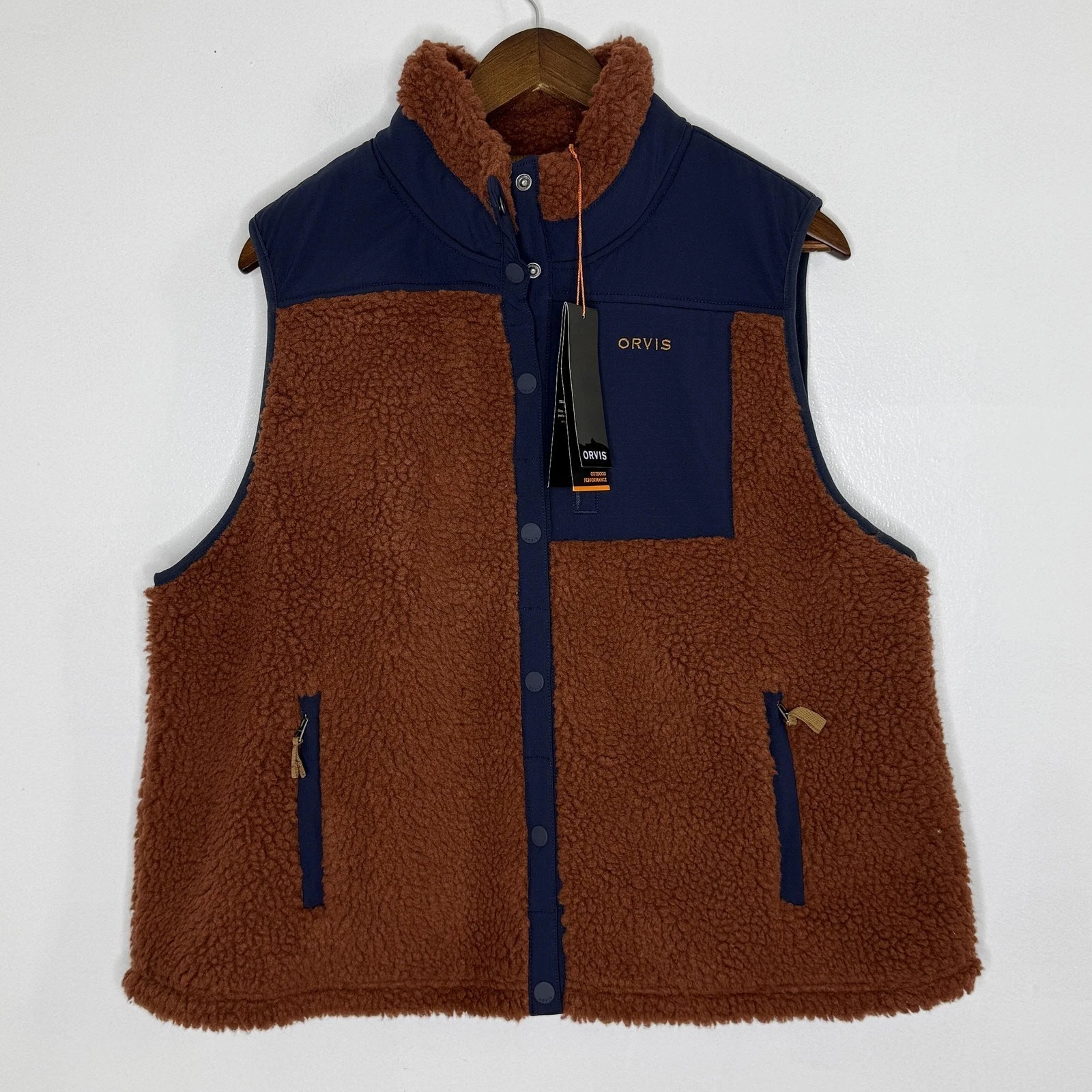 Orvis Mad River Snap Vest Mens XL Brown Navy Sherpa Fleece Outdoor 3J3C