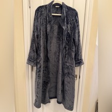Vtg Full Zip Velour Robe Lg Long Gray Quilted House Coat Cozy Cottagecore Granny