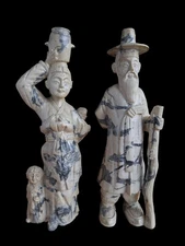 VTG Asian Chinese Soapstone Figurines, Set of 2, Hand Carved 10-1/4" & 10-3/4"