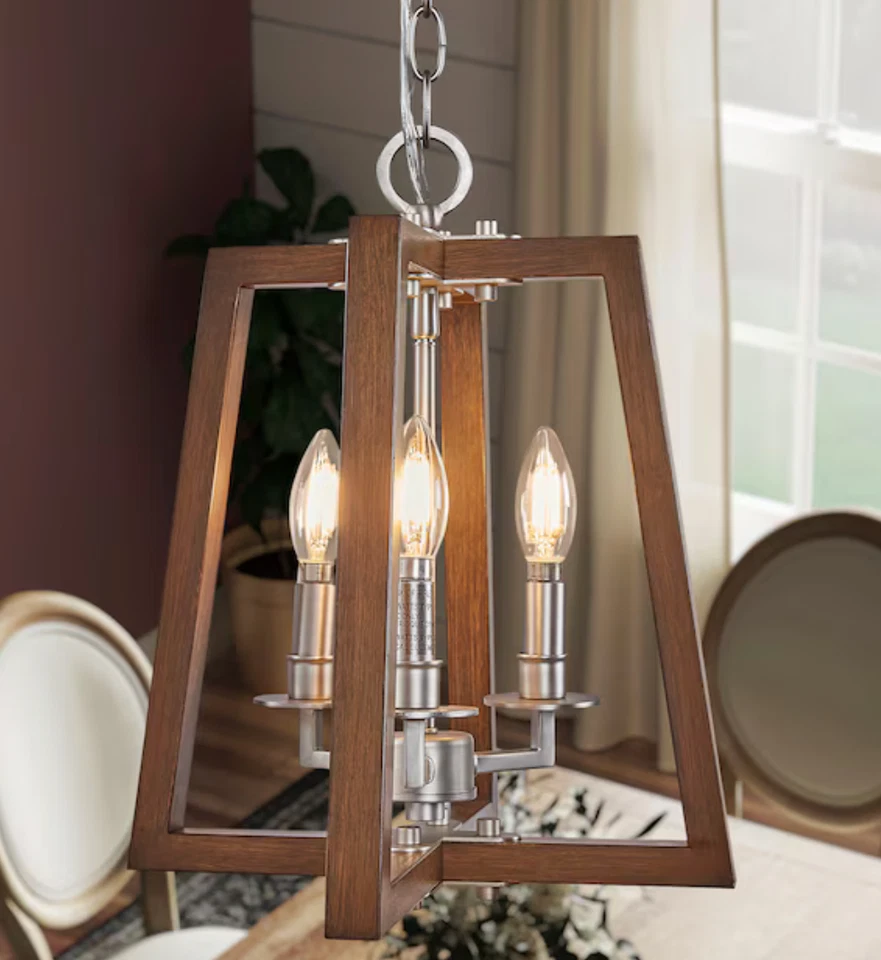 Nuevo colgante de iluminación Progress 3 luces Forrester madera de teca linterna de níquel satinado Foto 3 de 4