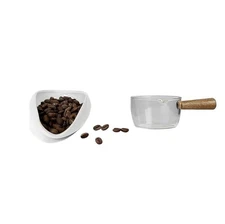 White Ceramic Coffee Dosing Cup, 100ML, Wood Handle, Glass, Espresso Vessel