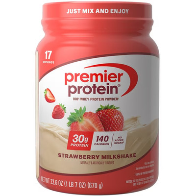 Premier Protein 100% Whey Protein Powder, Strawberry Milkshake, 30g Protein, 23.