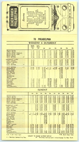 TIMETABLE Public Service Bus Philadelphia PA to Beach Haven NJ June 28 1951 - Picture 3 of 4