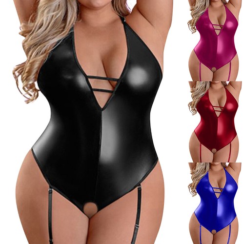Übergröße Damen-Dessous sexy PVC-Leder Babydoll Unterwäsche Body Nachtwäsche - Bild 2 von 21