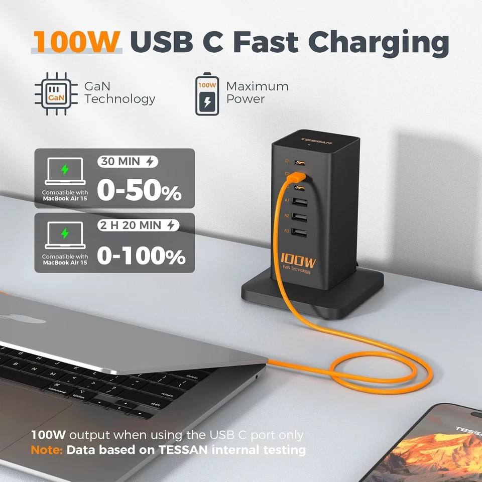 Desk Charging Station 100W Fast Charger Tower USB C Charging Hub Multiple Device - Image 4 of 4