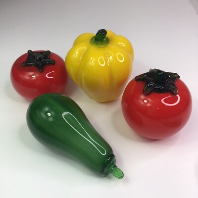 Vintage Lot of 4 Blown Glass Vegetables Murano Style Squash 2- Tomatoes Pepper