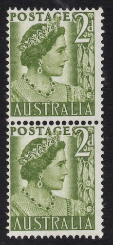 AUSTRALIA 1951 2d YELLOW - GREEN QUEEN ELIZABETH (COIL PAIR) MNH NO WMK.