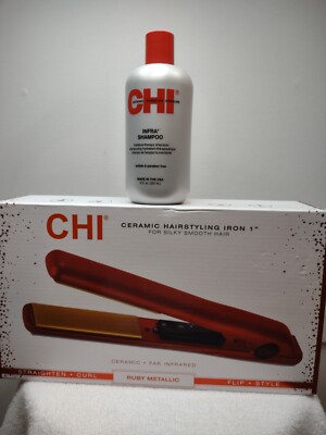 T-W 528 NIB CHI 1'' CERAMIC HAIRSTYLYING GLST IRON RUBY METALLIC W/ CHI SHAMPOO
