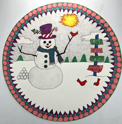 Drawing Round Snowman Winter Art Snow 10.5  Round Cardinal Merry Christmas