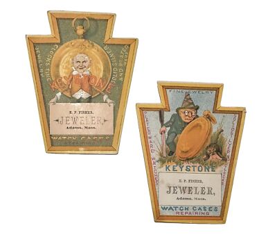 2 VICTORIAN JEWELERS TRADE CARDS KEYSTONE WATCH CASES EF FISHER ADAMS ME B47