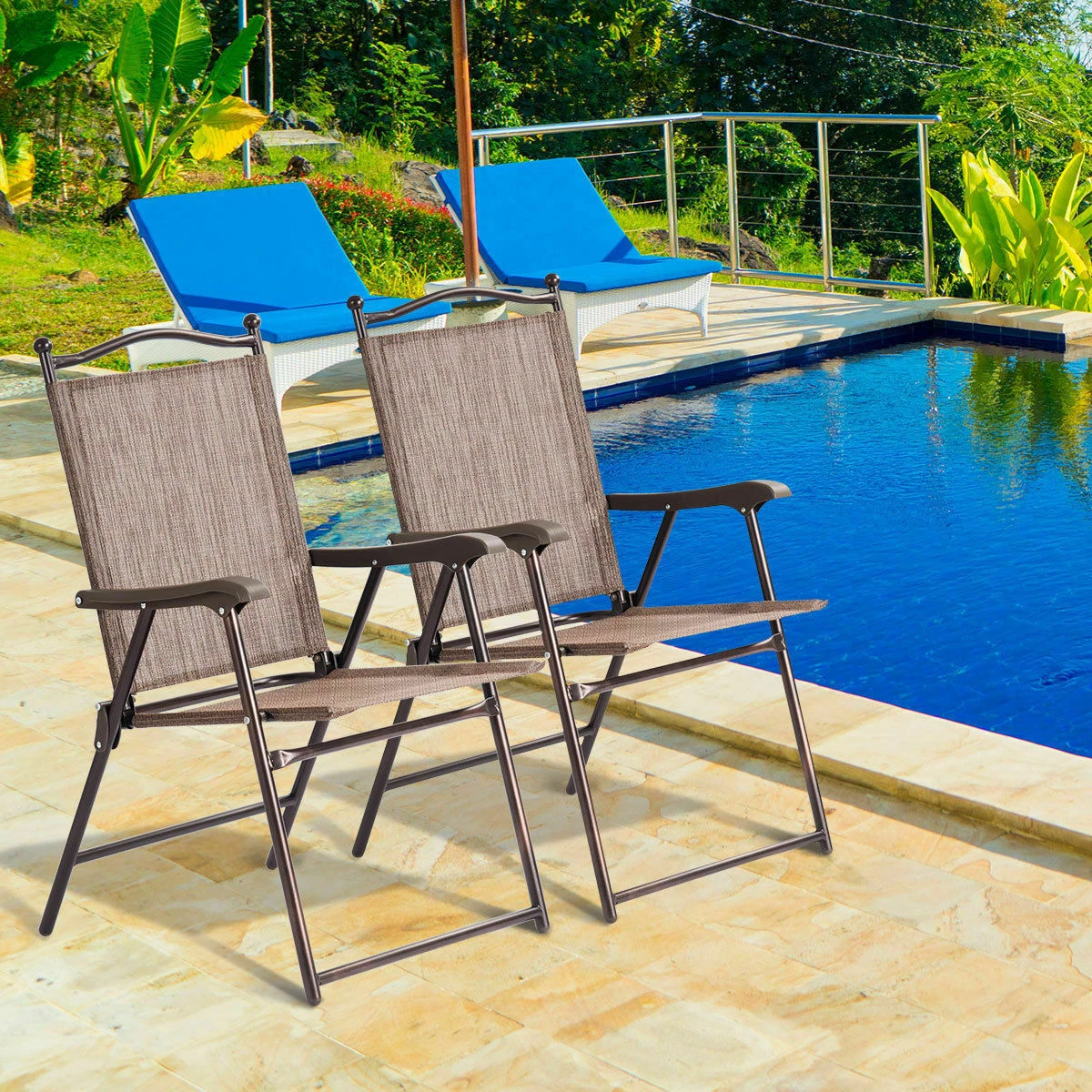 Set of 2 Patio Folding Sling Back Chairs Camping Deck Garden Beach