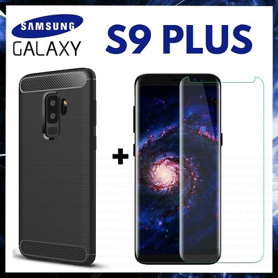 FOR SAMSUNG GALAXY S9 PLUS SHOCKPROOF CARBON COVER + TEMPERED GLASS FILM