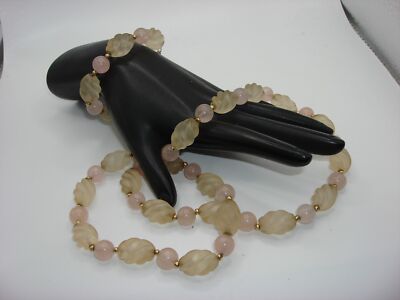 BEAUTIFUL 14K SOLID GOLD ROSE QUARTZ & FROSTED GLASS BEAD NECKLACE & BRACELET!