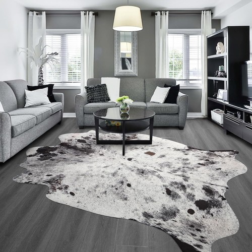 Luxurious 5.2 x 6.2 ft Faux Cowhide Rug - Non-Slip, Elegant Grey White Design - Picture 5 of 11