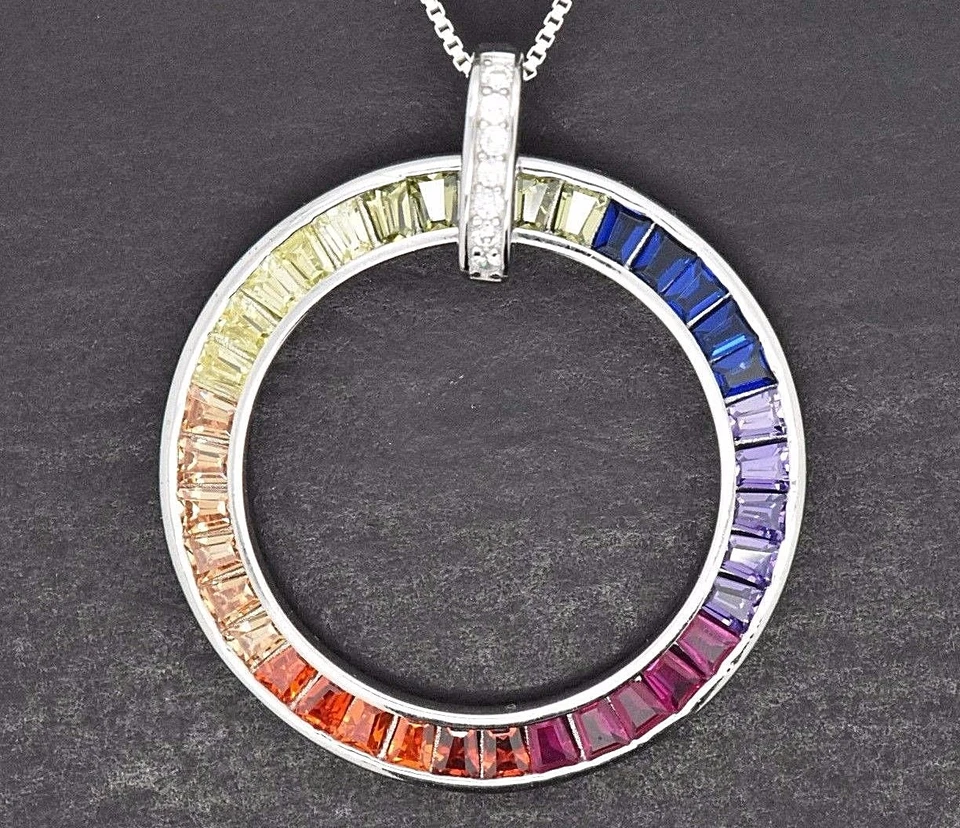 Silver Rainbow Baguette MultiColor Lab Created Sapphire Pendant Circle Necklace - Image 2 of 4