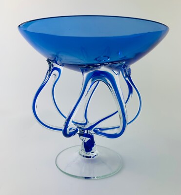 Krosno Hand Blown Cobalt Blue Jellyfish pedestal Bowl from Poland