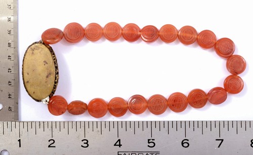 Collier ras du cou pendentif perles shou sculptées cornaline agate chinoise 1930 - Photo 5 sur 6