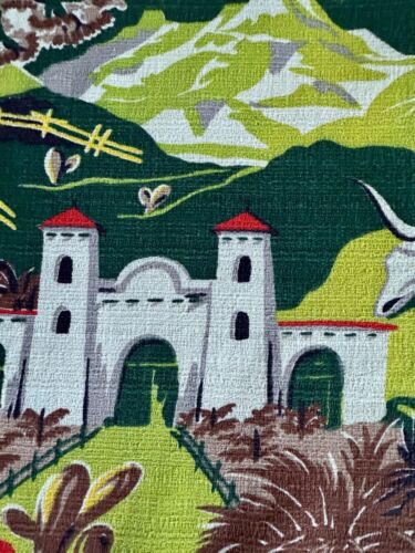 40's Boots & Saddles Adobe Southwestern Cactus Pastoral Barkcloth Vintage Fabric - Picture 7 of 12
