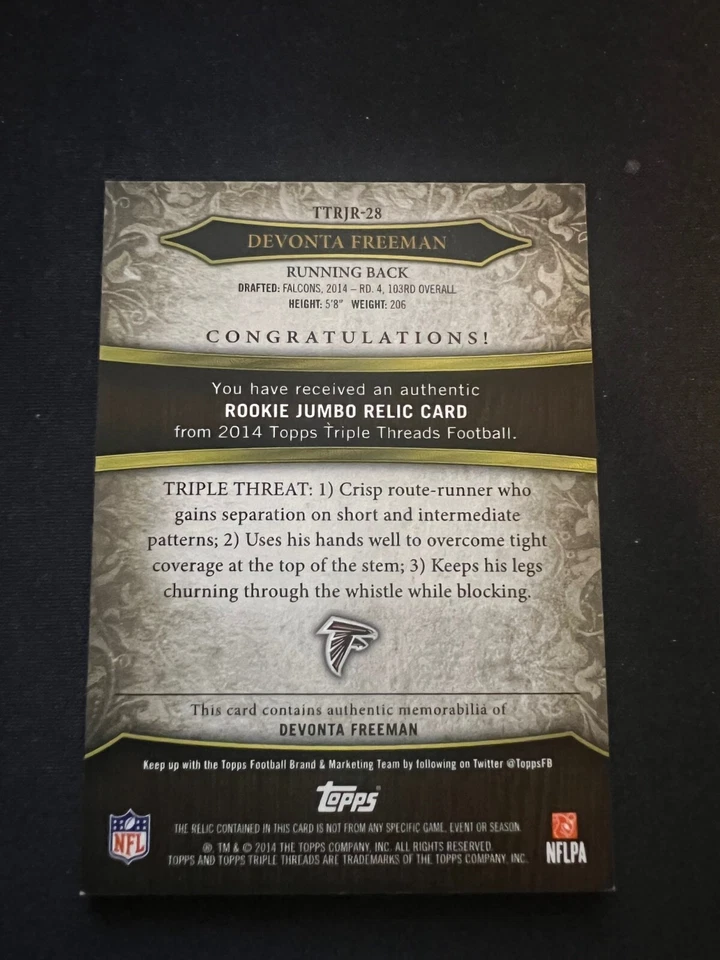 2014 Topps Triple Threads Devonta Freeman rookie jumbo relic 5/10 - Image 2 of 3
