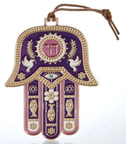 Hamsa hand purple Wall Hanging decor Lucky Charm CHAI Judaica Kabbalah evil eye