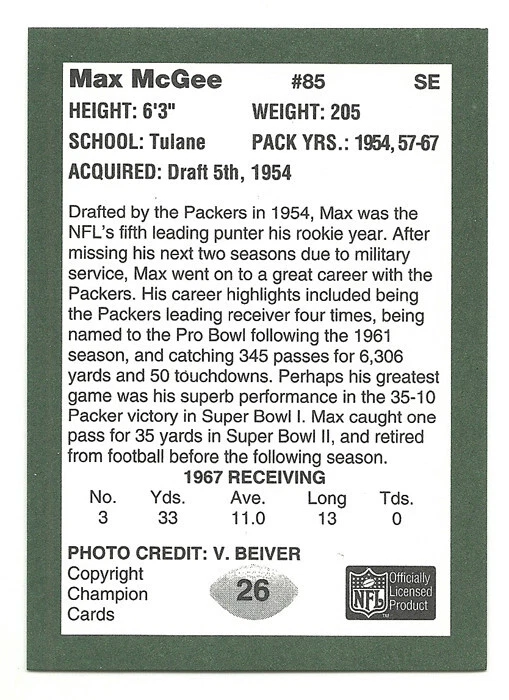 Max McGee 1991 Super Bowl II 25th Anniversary Green Bay Packers Tulane #26 - Image 2 of 2